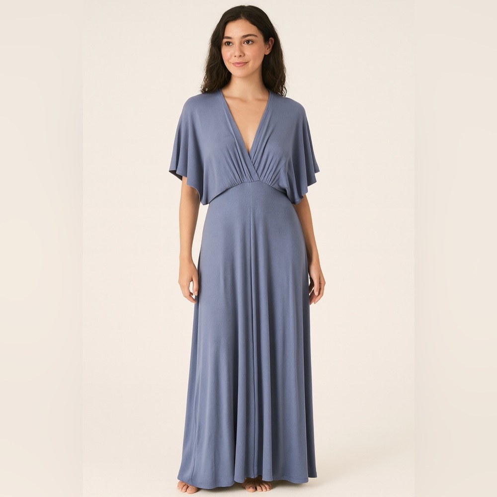 Wasabi + Mint Ribbed Knit V-Neck Flutter Sleeves Wide Leg Jumpsuit In Blue Sz M